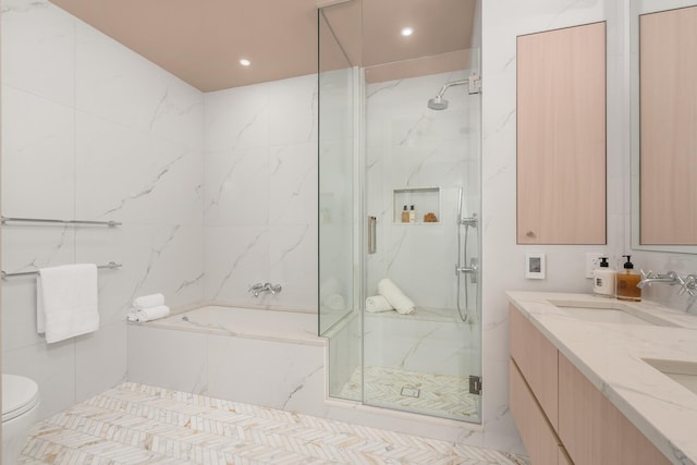 303 W 113th St Ph, Ph, New York City, NY 10026 - full bath featuring a bath, a marble finish shower, double vanity, toilet, and recessed lighting