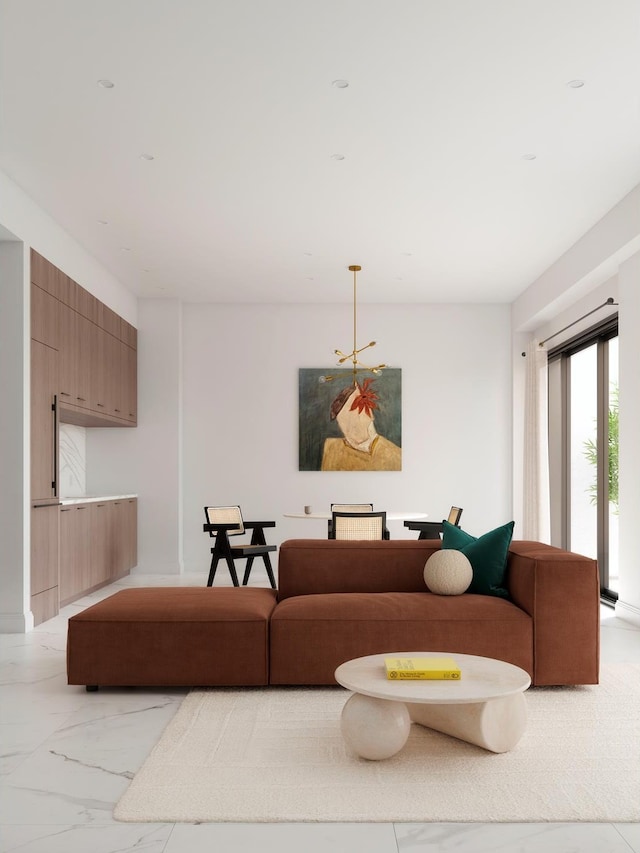 living area featuring marble finish floor