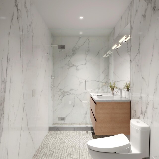 303 W 113th St Unit Th, New York City, NY 10026 - full bathroom with toilet, tile walls, a marble finish shower, and vanity