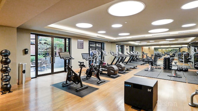 workout area featuring french doors, a tray ceiling, and wood finished floors