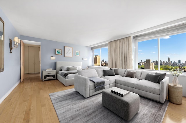 living area featuring a view of city, baseboards, and light wood-style floors