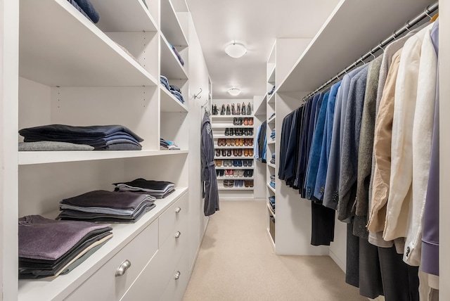 spacious closet featuring light colored carpet