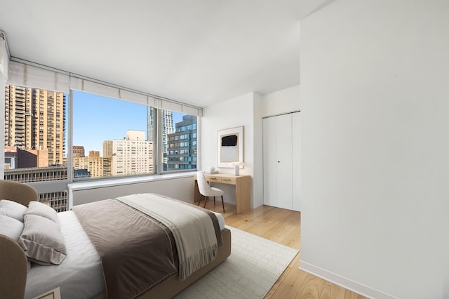 bedroom featuring light wood finished floors, a closet, baseboards, and a city view