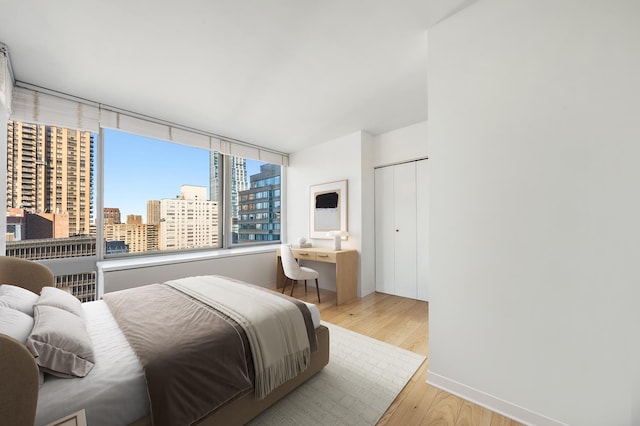111 W 67th St Unit 28-D, New York City, NY 10023 - bedroom featuring a city view, light wood-type flooring, baseboards, and a closet