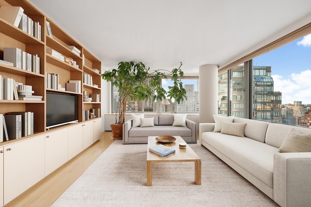 interior space featuring a view of city and light wood finished floors