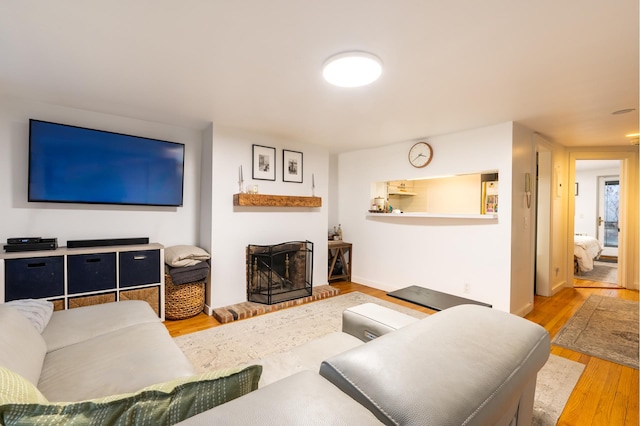 living area with a fireplace and wood finished floors