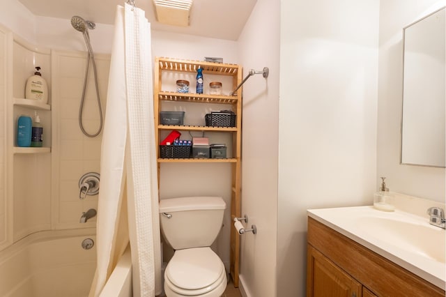 full bathroom featuring shower / tub combo, toilet, and vanity