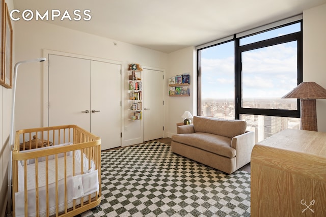 carpeted bedroom featuring expansive windows