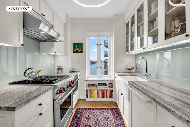 kitchen with light stone counters, a sink, stainless steel range, under cabinet range hood, and white cabinetry