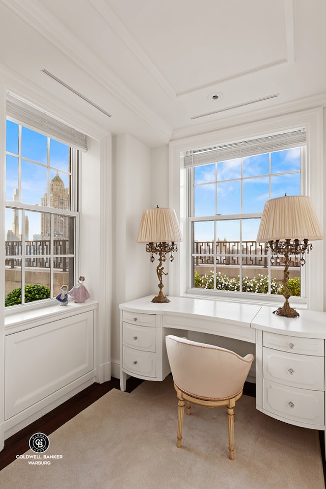 895 Park Ave Unit 16/17/18A, New York City, NY 10075 - office space with built in desk, crown molding, and plenty of natural light