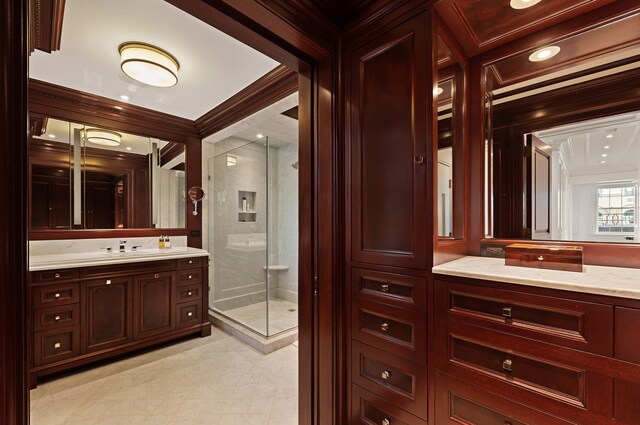 895 Park Ave Unit 16/17/18A, New York City, NY 10075 - full bathroom with vanity, ornamental molding, and a shower stall