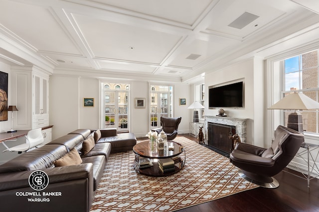 895 Park Ave Unit 16/17/18A, New York City, NY 10075 - living room with crown molding, coffered ceiling, baseboards, a fireplace, and wood finished floors