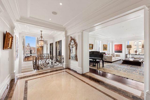 895 Park Ave Unit 16/17/18A, New York City, NY 10075 - hall featuring baseboards, ornamental molding, recessed lighting, and a notable chandelier