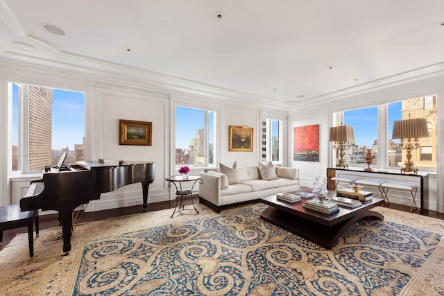 895 Park Ave Unit 16/17/18A, New York City, NY 10075 - living room with a wealth of natural light, crown molding, and a view of city