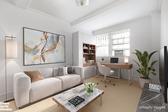 carpeted office space featuring baseboards, cooling unit, crown molding, and beamed ceiling