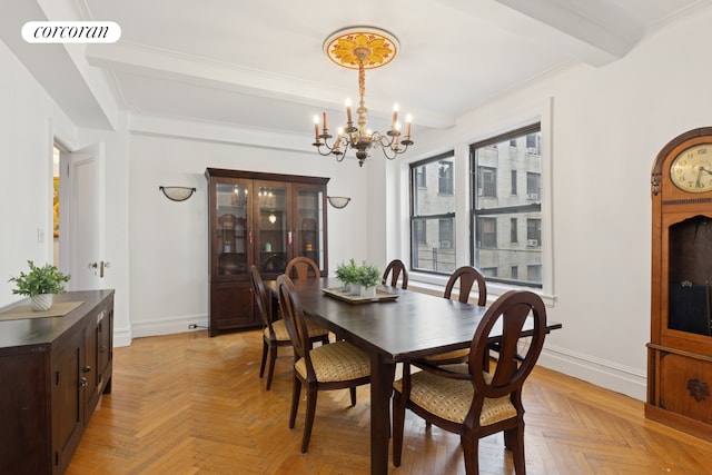 dining space with a chandelier, beamed ceiling, visible vents, and baseboards