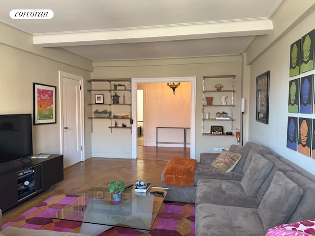 living room with beam ceiling