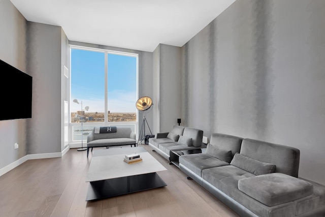 living room with baseboards and wood finished floors