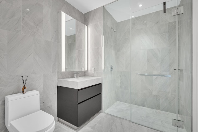 bathroom with tile walls, a stall shower, and toilet