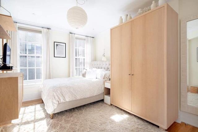 bedroom featuring multiple windows, wood finished floors, and baseboards