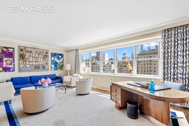 900 5th Ave Unit 14C, New York City, NY 10021 - carpeted living area with ornamental molding and a view of city