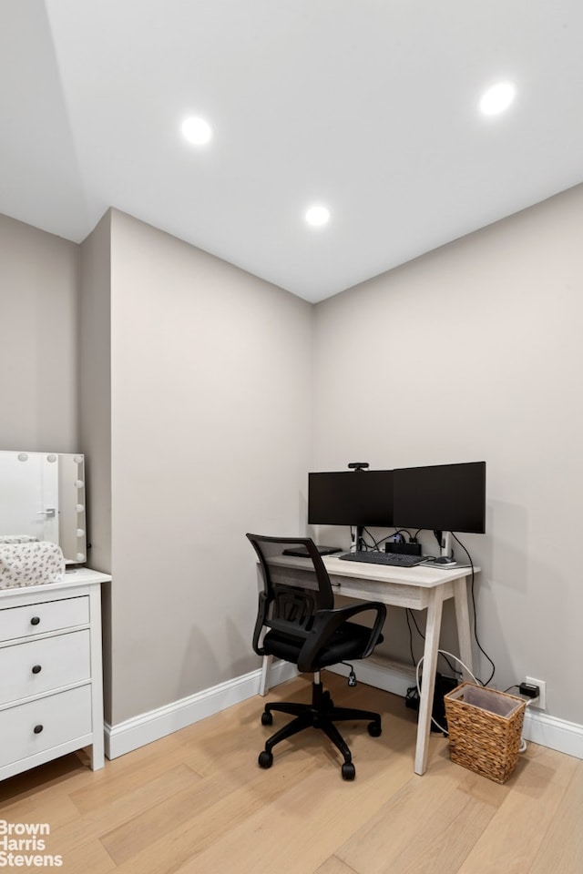 office area featuring baseboards, recessed lighting, and light wood-style flooring
