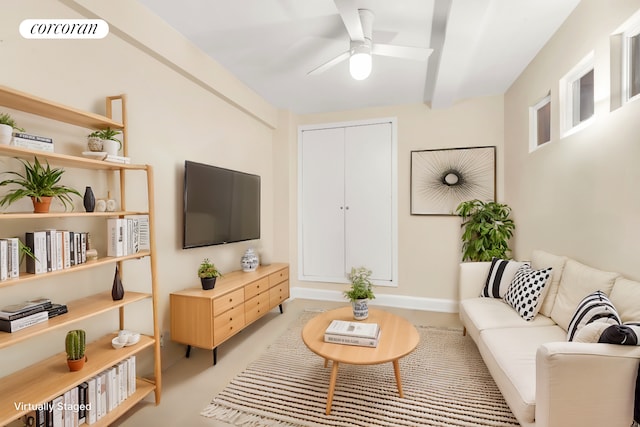 living room with visible vents and ceiling fan