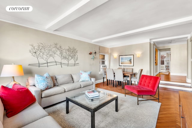 living room with beamed ceiling, baseboards, parquet floors, and visible vents