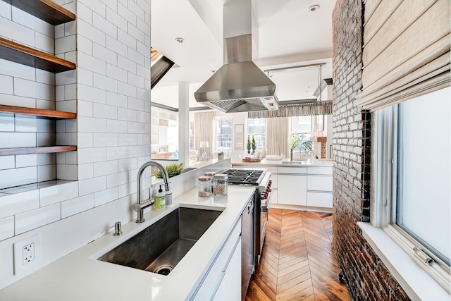 kitchen featuring white cabinets, island exhaust hood, stainless steel appliances, open shelves, and a sink