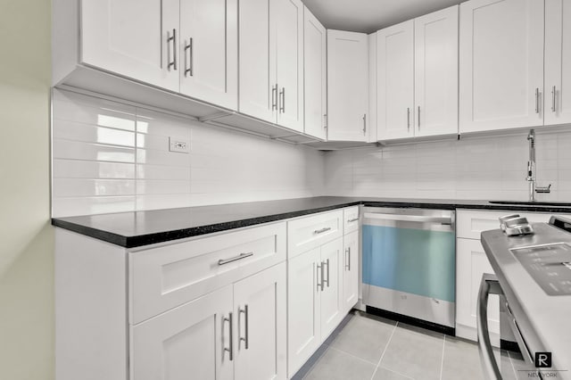 10 E 43rd St Unit 4-K, New York City, NY 11203 - kitchen with stainless steel dishwasher, a sink, backsplash, and white cabinetry