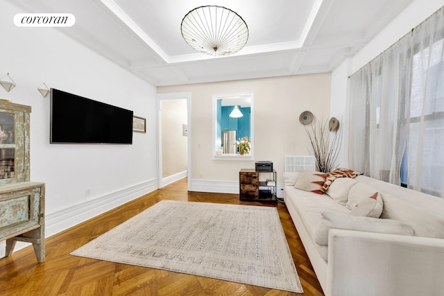 living room with baseboards, visible vents, coffered ceiling, and beamed ceiling