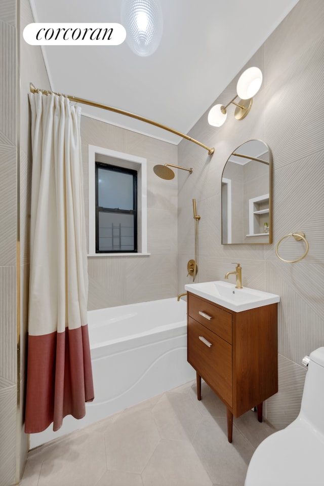 bathroom featuring vanity, tile patterned floors, toilet, and shower / bathtub combination with curtain