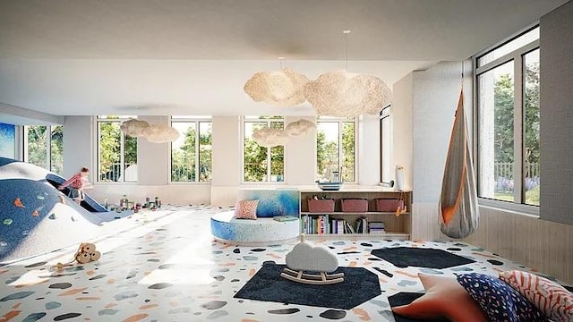 1 Clinton St Unit 19A, New York City, NY 11201 - rec room with a healthy amount of sunlight and wooden walls