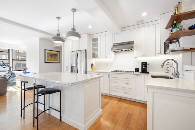 kitchen with a sink, appliances with stainless steel finishes, ventilation hood, light wood-type flooring, and open shelves