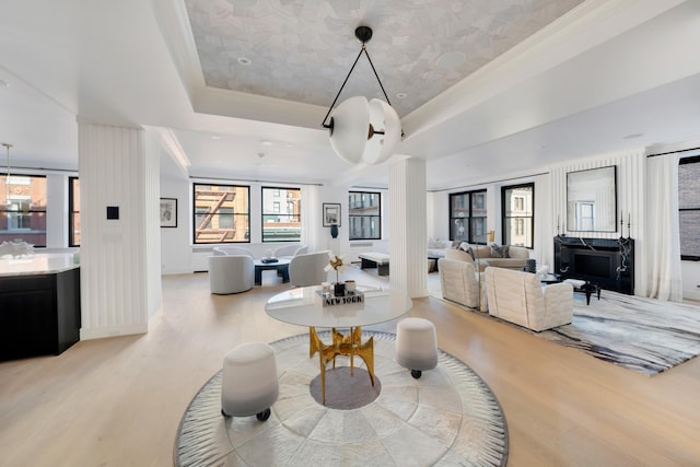 living area featuring baseboards, a raised ceiling, and light wood-style floors