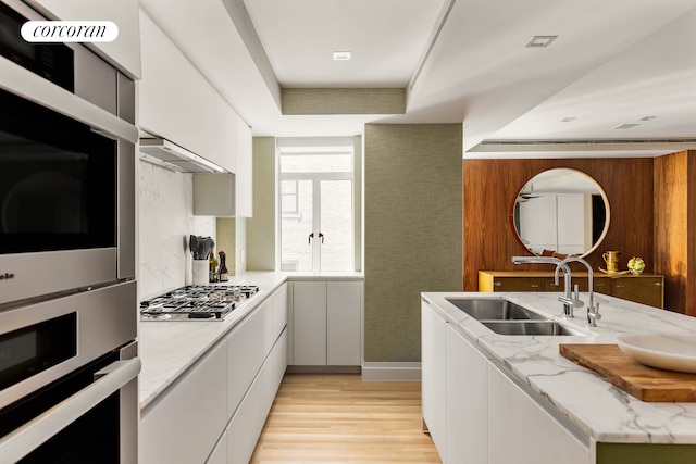 kitchen with appliances with stainless steel finishes, a sink, white cabinets, and exhaust hood