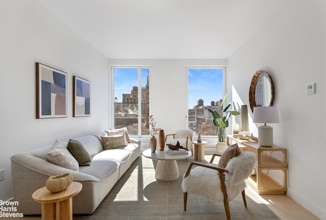 carpeted living area featuring a view of city and baseboards