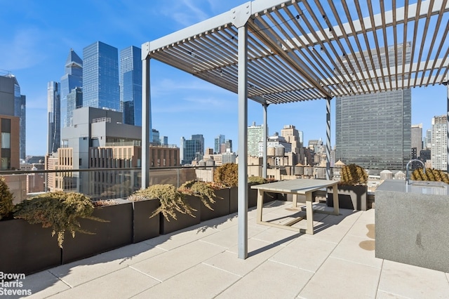 view of patio with a pergola and a city view