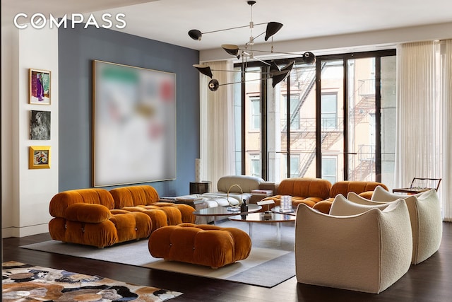 living area featuring dark wood-style flooring