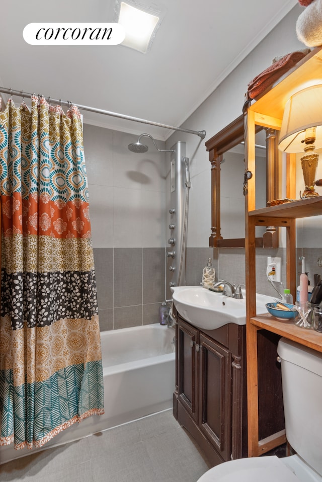 bathroom with crown molding, shower / bathtub combination with curtain, toilet, vanity, and tile patterned floors