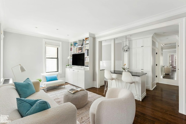 living area with crown molding, dark wood-type flooring, and baseboards