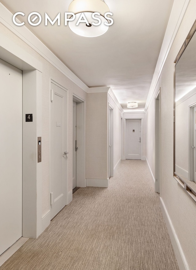 corridor with elevator, light colored carpet, crown molding, and baseboards