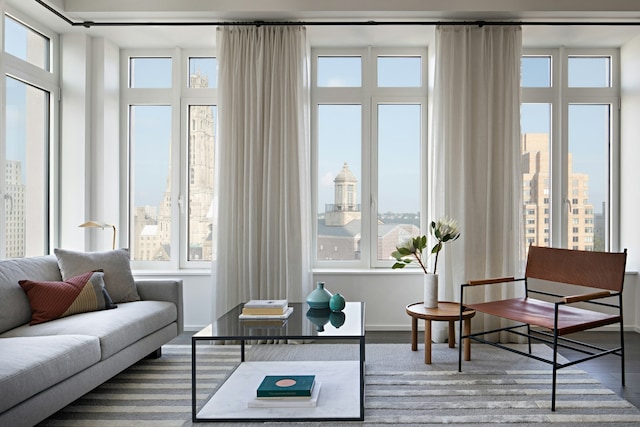 living area with a wealth of natural light, a view of city, and wood finished floors