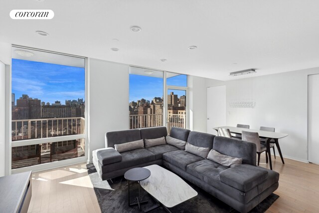 340 E 23rd St Unit Ph1B, New York City, NY 10010 - living area with a skyline view, light wood-type flooring, and expansive windows