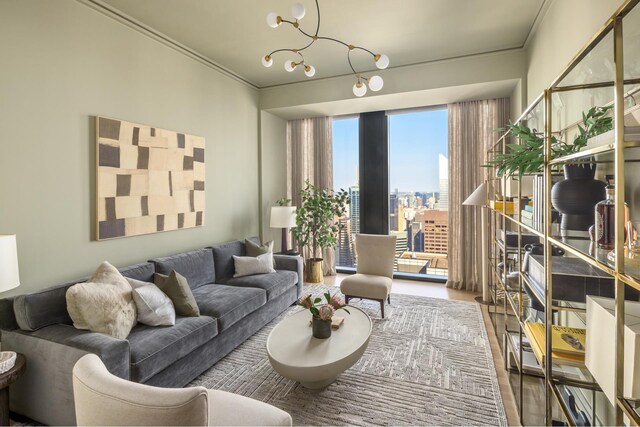 53 W 53rd St Unit 49A, New York City, NY 10019 - living room with a view of city, wood finished floors, and an inviting chandelier