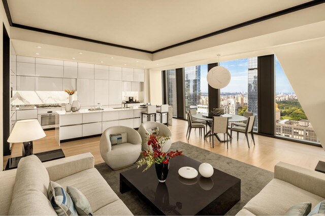 53 W 53rd St Unit 49A, New York City, NY 10019 - living room featuring ornamental molding, light wood-type flooring, and a city view
