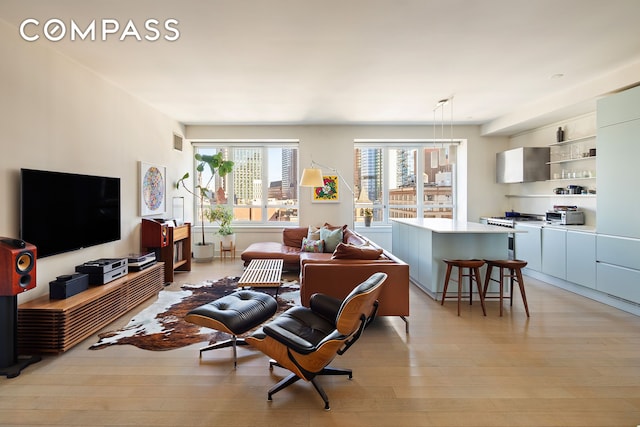 living area featuring visible vents and light wood-style flooring