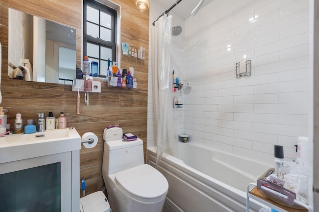118 Kingsland Ave Unit 1, New York City, NY 11222 - full bathroom with vanity, shower / tub combo, toilet, and wooden walls