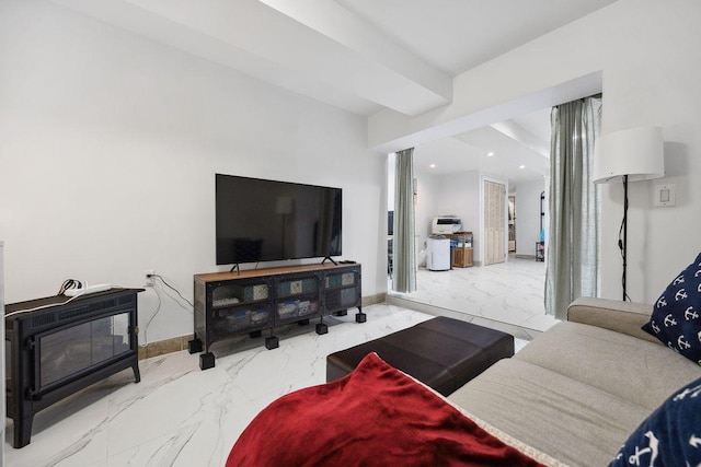 118 Kingsland Ave Unit 1, New York City, NY 11222 - living room featuring marble tiled floors, a wood stove, baseboards, and recessed lighting