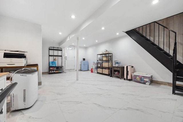 118 Kingsland Ave Unit 1, New York City, NY 11222 - living room featuring stairs, recessed lighting, light marble finish floors, and baseboards